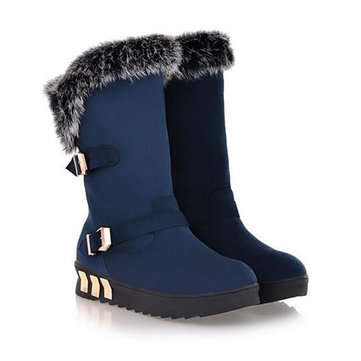 Femmes douces artificielle poils de lapin boucle plat à mi-mollet bottes de neige